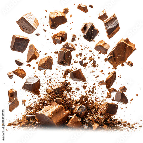 Exploding Wooden Debris in Mid-Air with Dynamic Motion on transparent background photo