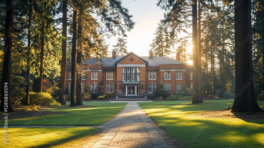 Fototapeta premium Sunrise mansion, forest path, autumnal grounds, tranquil scene