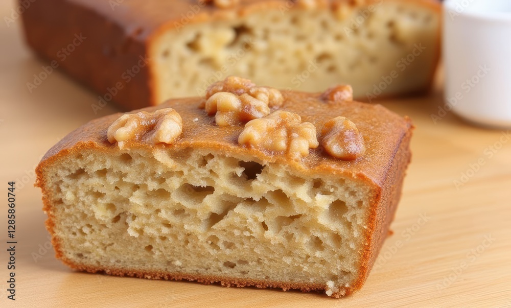 Delicious walnut cake slice close-up Delicious walnut cake slice close-up