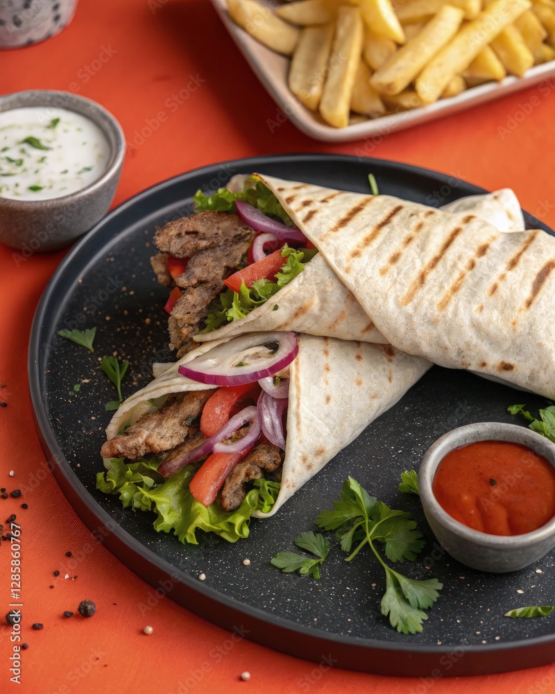 Freshly Grilled Kebab Wrap Served With Sauces and Fries. Generative AI Freshly Grilled Kebab Wrap Served With Sauces and Fries. Generative AI