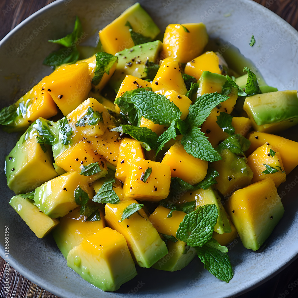 A flavorful avocado and mango salad with mint leaves and olive oil drizzle.
