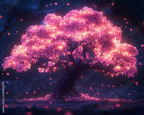 The luminous cherry blossom tree glows with an ethereal luminescence