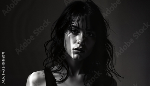 Mysterious woman portrays emotion in dramatic shadows, symbolic introspection