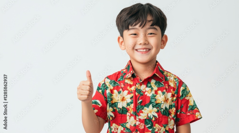 Cheerful Young Boy in Floral Shirt Giving Thumbs Up Against Plain Background Cheerful Young Boy in Floral Shirt Giving Thumbs Up Against Plain Background
