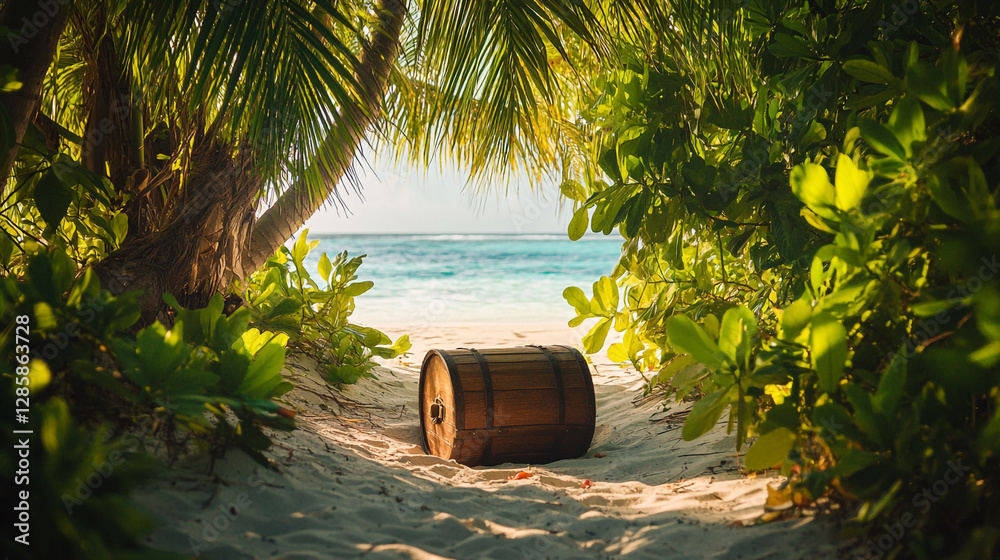 Fototapeta premium Treasure chest on tropical beach, finding riches