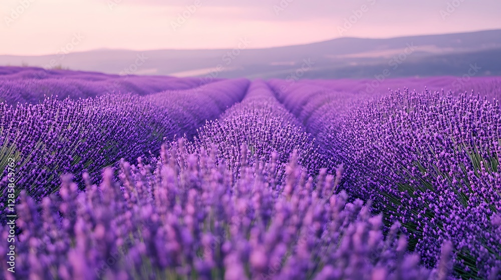 Naklejka premium Lavender Field at Dusk Rows of Purple Flowers Farm Landscape
