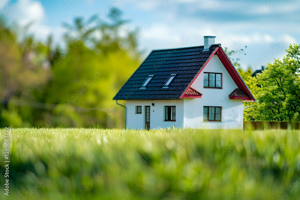 A picturesque modern house surrounded by lush greenery under a clear blue sky A picturesque modern house surrounded by lush greenery under a clear blue sky