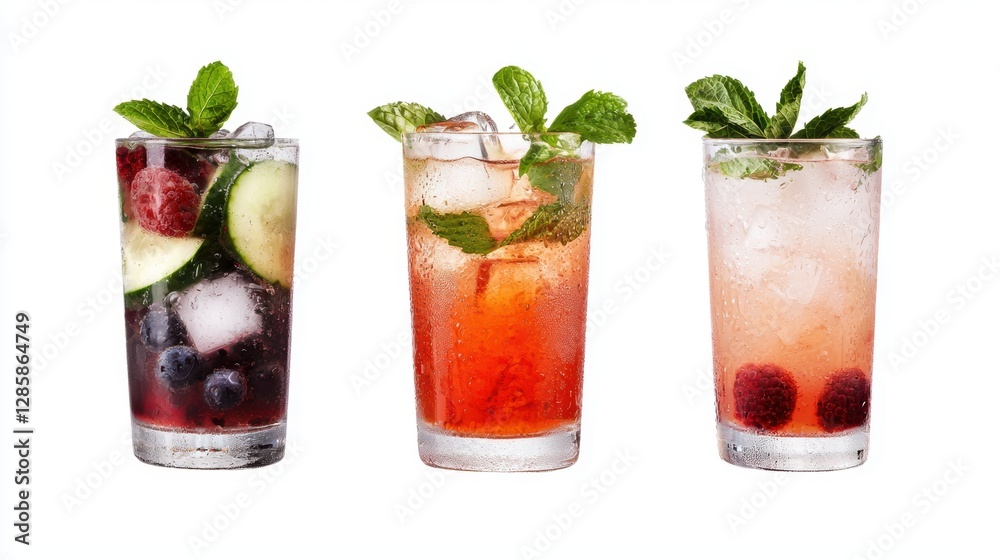 Refreshing Summer Drinks with Fruits and Mint Garnish in Clear Glasses on White Background Refreshing Summer Drinks with Fruits and Mint Garnish in Clear Glasses on White Background