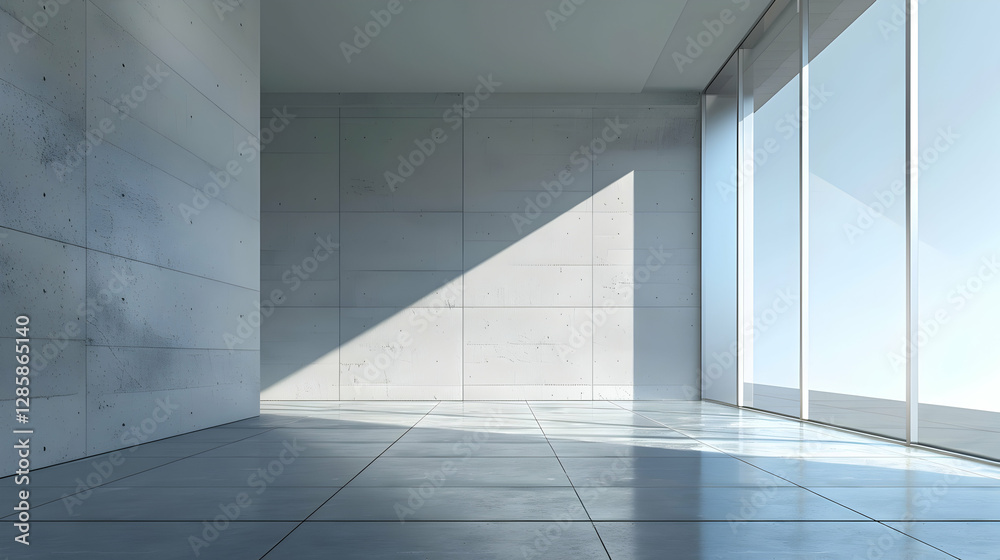 Minimalist interior of a modern room with large windows casting shadows on concrete walls Minimalist interior of a modern room with large windows casting shadows on concrete walls