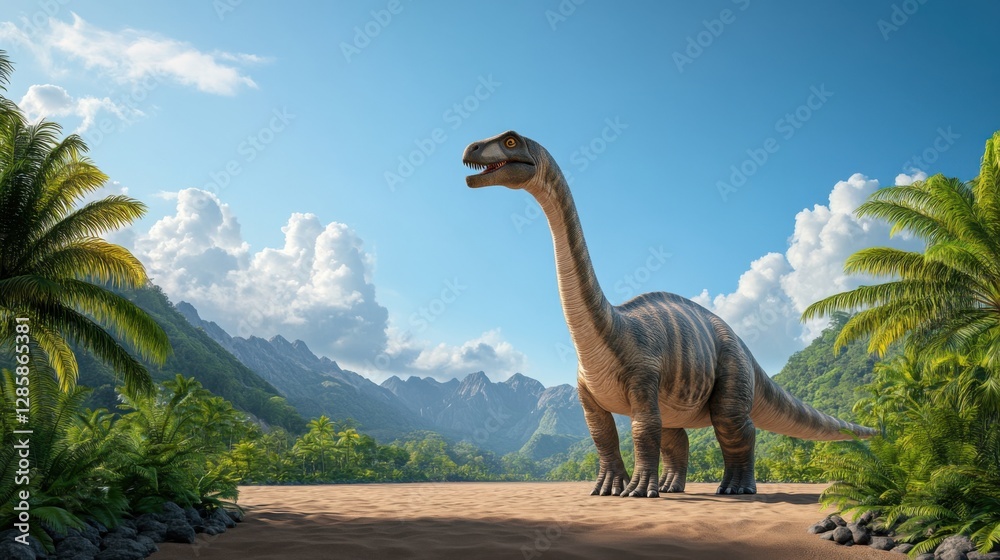 Obraz premium Majestic Dinosaur Walking Through Lush Tropical Landscape with Mountains Under Bright Blue Sky