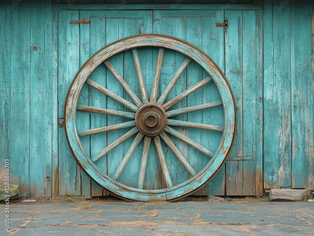 Weathered teal wooden wagon wheel mounted on a teal wooden wall. Weathered teal wooden wagon wheel mounted on a teal wooden wall.