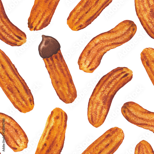 Seamless watercolor pattern of sweet fried sugar churros