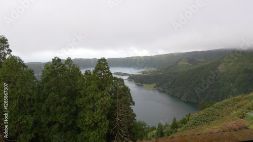 The lake of Sete Cidades, at the Azores, seen from the abandoned hotel. photo