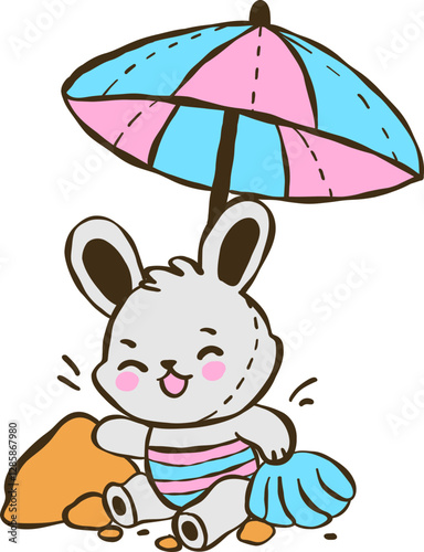 a cute rabbit with umbrella playing sand on the seashore illustration