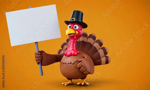 A cartoon turkey holding a blank sign against an orange background, likely for a festive theme.