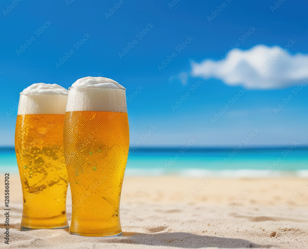 A glasses full of beer on the tropical relaxing background. A glasses full of beer on the tropical relaxing background.