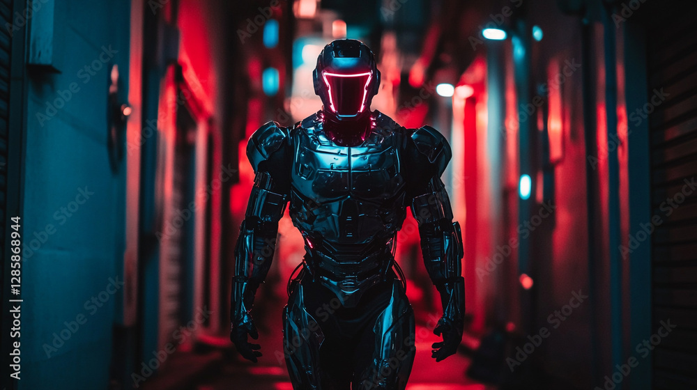 Futuristic Robot Warrior in Neon-Lit Cityscape, Cyberpunk Concept Futuristic Robot Warrior in Neon-Lit Cityscape, Cyberpunk Concept
