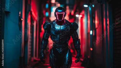 Futuristic Robot Warrior in Neon-Lit Cityscape, Cyberpunk Concept