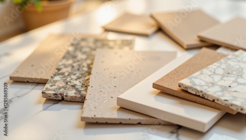 DIY Home Renovation assorted tile samples in earthy tones on smooth surface, perfect for design blogs and home decor projects