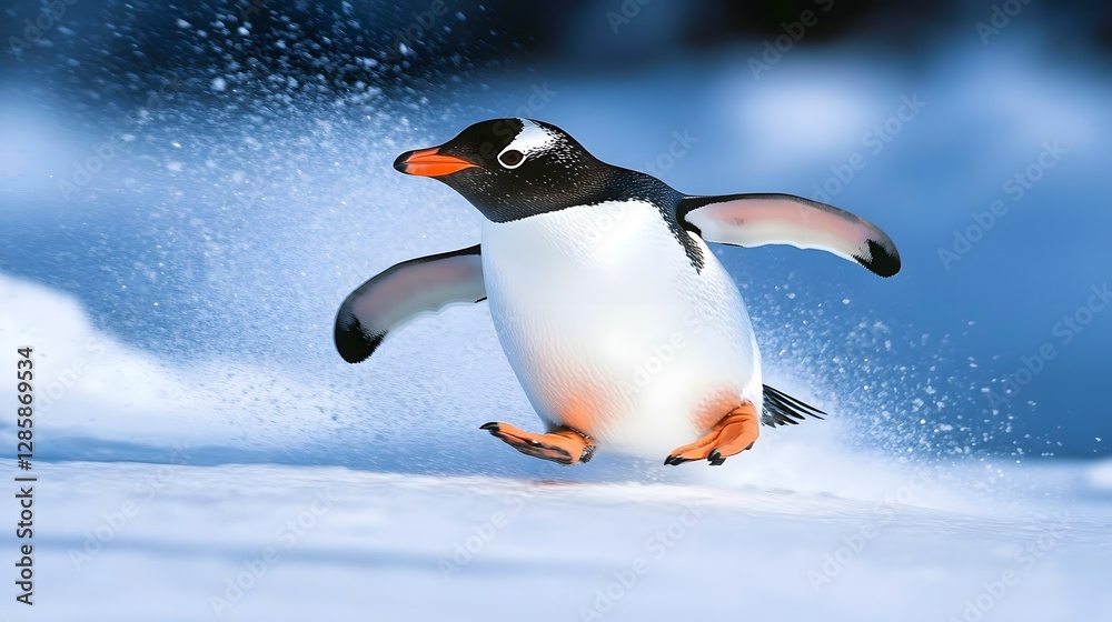 Fototapeta premium A penguin sliding on ice in Antarctica