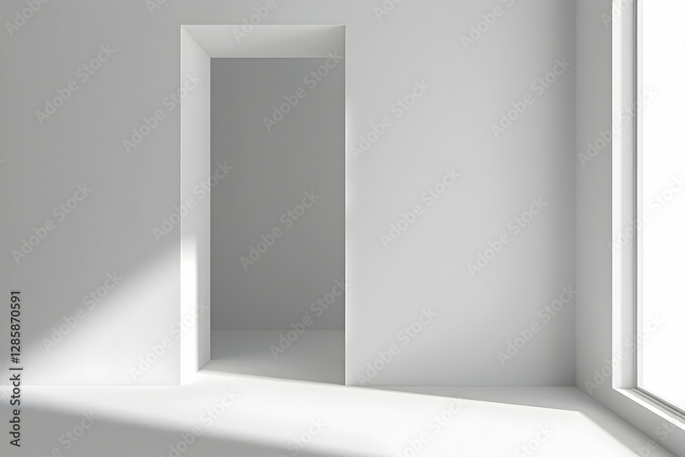Minimalist interior design showcasing an empty white room with a doorway and natural light