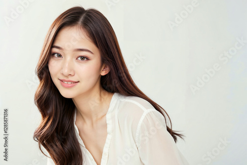 A woman with long brown hair and a white shirt is smiling