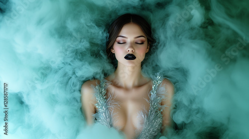 Enigmatic woman surrounded by ethereal mist, embodying elegance, mystery, and high-fashion allure, perfect for luxury, beauty, and fantasy-themed content