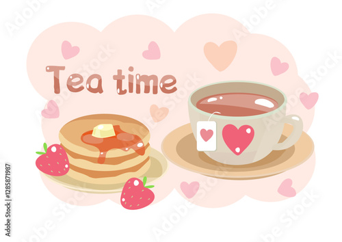 A cup of tea, pancakes with syrup and strawberries, hearts. Tea time. Vector illustration