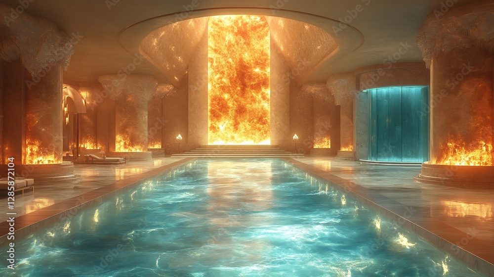 Obraz premium Serene indoor pool glows warmly with amber light reflecting on tranquil water. AI Generated