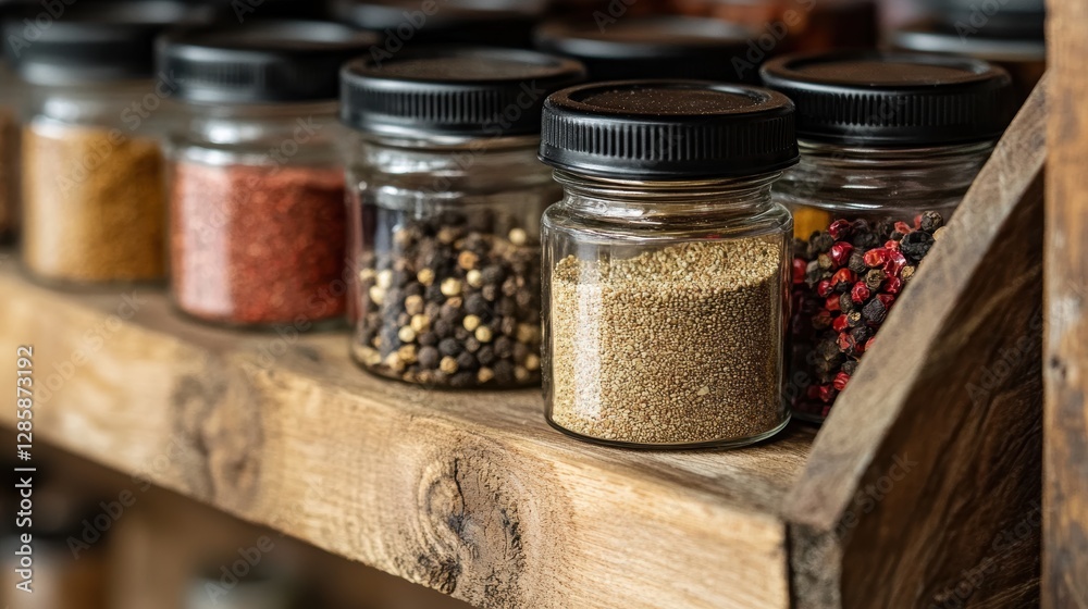 Glass jars filled with various spices and herbs on wooden shelf in rustic kitchen setting Glass jars filled with various spices and herbs on wooden shelf in rustic kitchen setting
