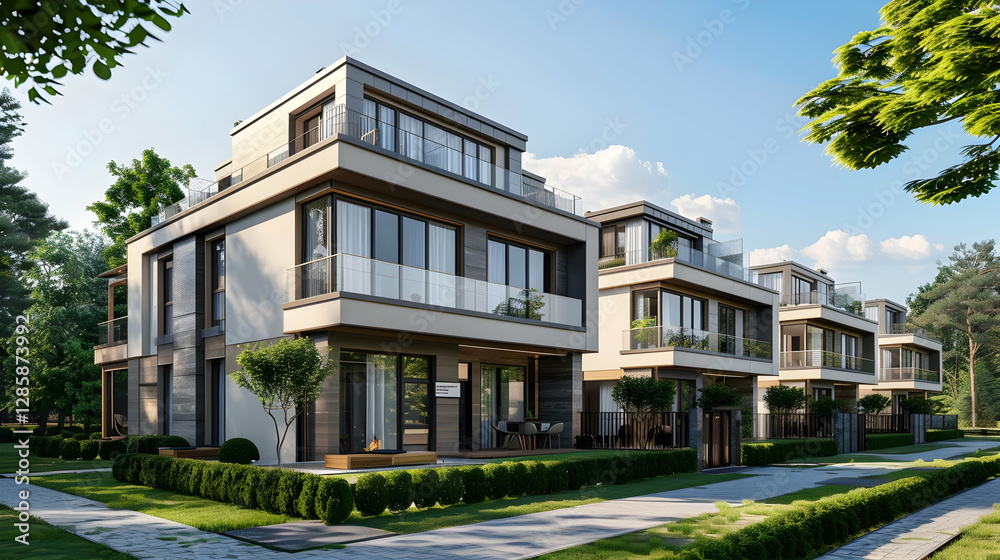 Modern residential architecture showcasing three stylish houses in a serene neighborhood Modern residential architecture showcasing three stylish houses in a serene neighborhood