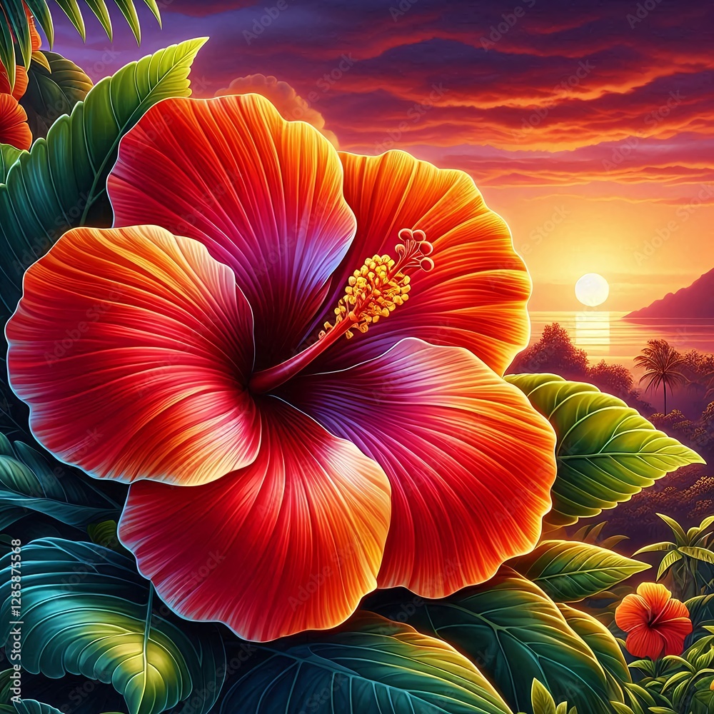 custom made wallpaper toronto digitalExotic Red Hibiscus Flower with a Stunning Sunset Background