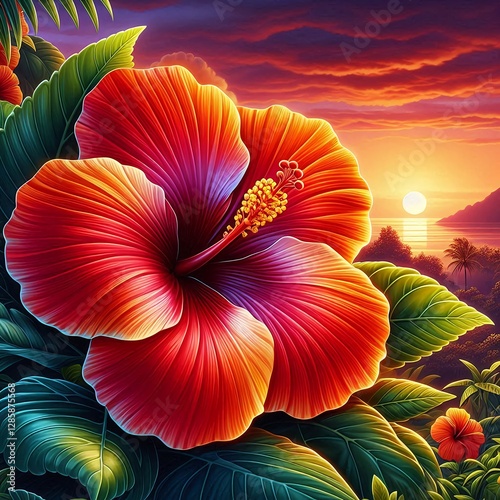 Wallpaper Mural Exotic Red Hibiscus Flower with a Stunning Sunset Background Torontodigital.ca