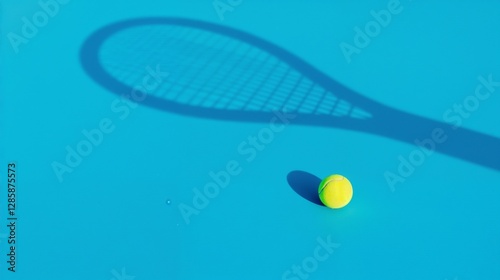 Tennis ball and racket shadow on bright blue court during daylight
