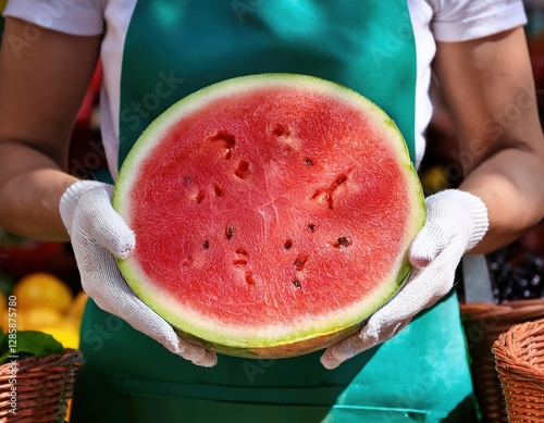 Freshly cut watermelon held by vendor at local farmers market in summer