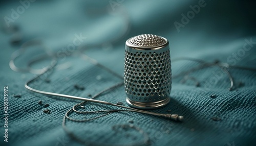 Silver thimble, needle, thread, sewing, tailoring, quilting, diy photo