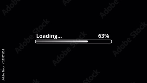 Loading progress bar animation from 0 to 100 percentage on black background video, 4k animated progress bar on transparent background