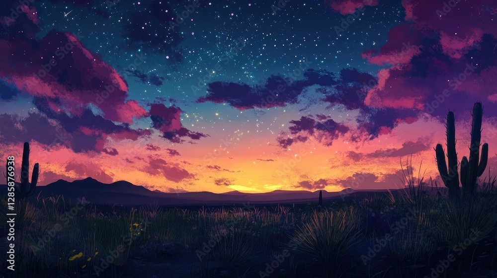 Fototapeta premium Desert Sunset Under a Starry Sky: A Breathtaking Night Landscape