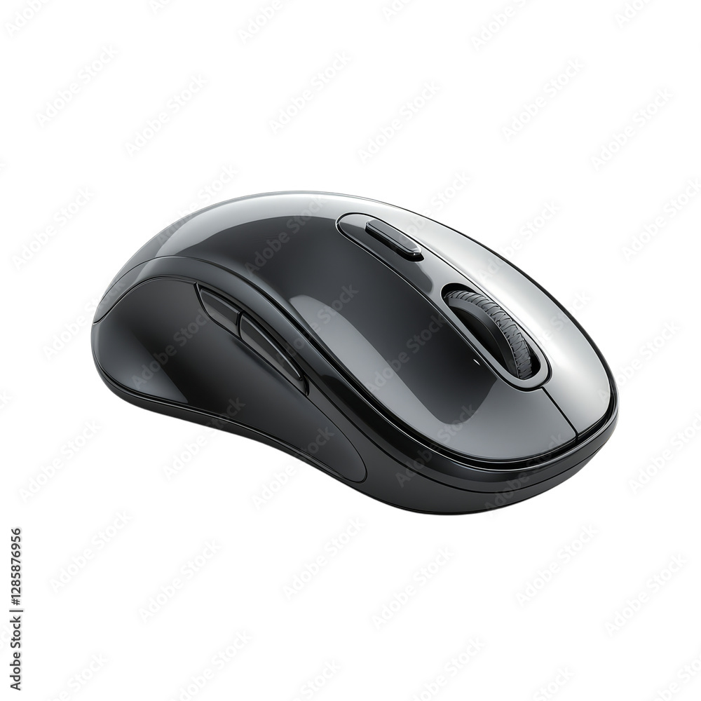 Sleek black wireless computer mouse with buttons and scroll wheel Sleek black wireless computer mouse with buttons and scroll wheel