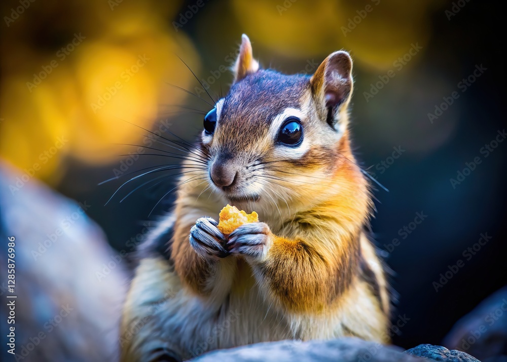 A chipmunk snacks, bathed in Mammoth Lakes' twilight. A chipmunk snacks, bathed in Mammoth Lakes' twilight.