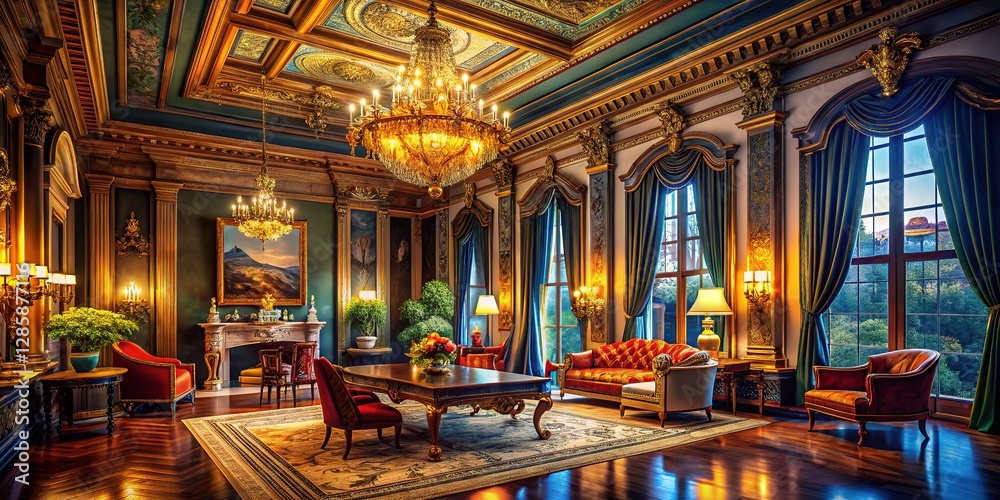 Obraz premium A classic, empty interior; low light, vast space, AI-generated.