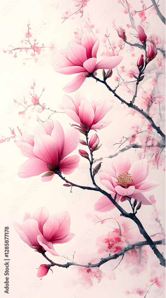 Obraz premium Pink Magnolia Flowers Blossom Oriental Style