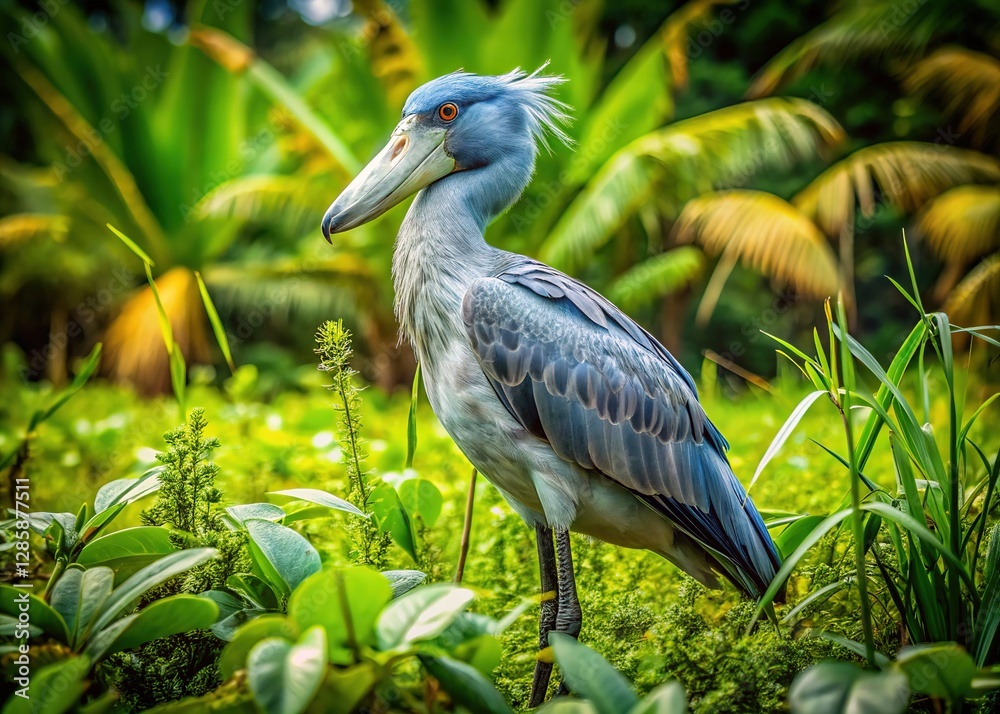 Fototapeta premium A prehistoric shoebill hunts in Uganda's Entebbe swamps.