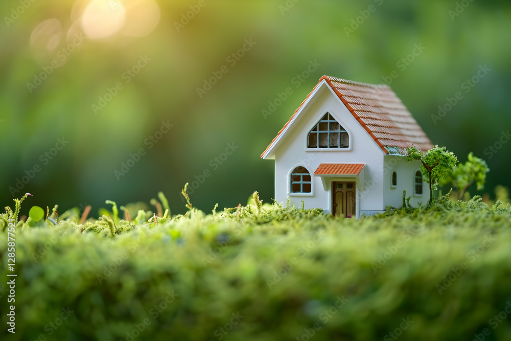 Miniature house surrounded by lush green grass under soft sunlight in a tranquil garden setting Miniature house surrounded by lush green grass under soft sunlight in a tranquil garden setting