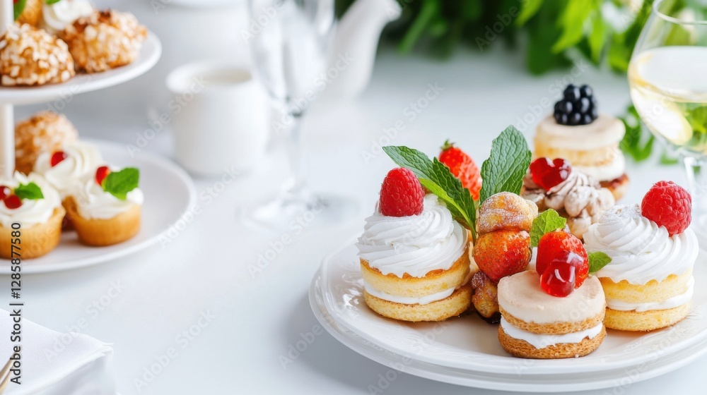 Delicious Assortment of Mini Desserts on a White Plate with Fresh Berries and Mint Leaves in Bright Setting Delicious Assortment of Mini Desserts on a White Plate with Fresh Berries and Mint Leaves in Bright Setting