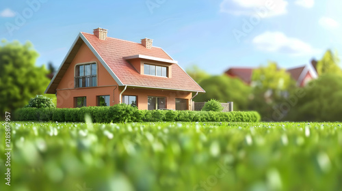 Wallpaper Mural Charming suburban house surrounded by lush green grass and vibrant trees under a bright sky Torontodigital.ca