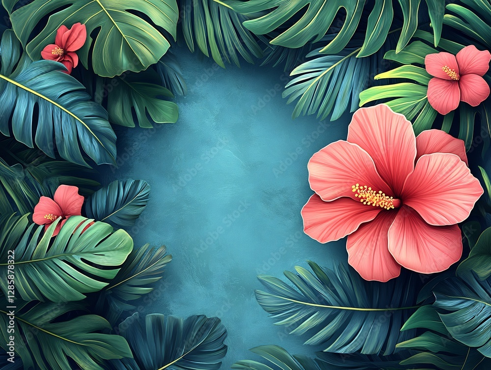 Fototapeta premium Vibrant hibiscus blossoms frame lush tropical leaves against a serene teal background. AI Generated