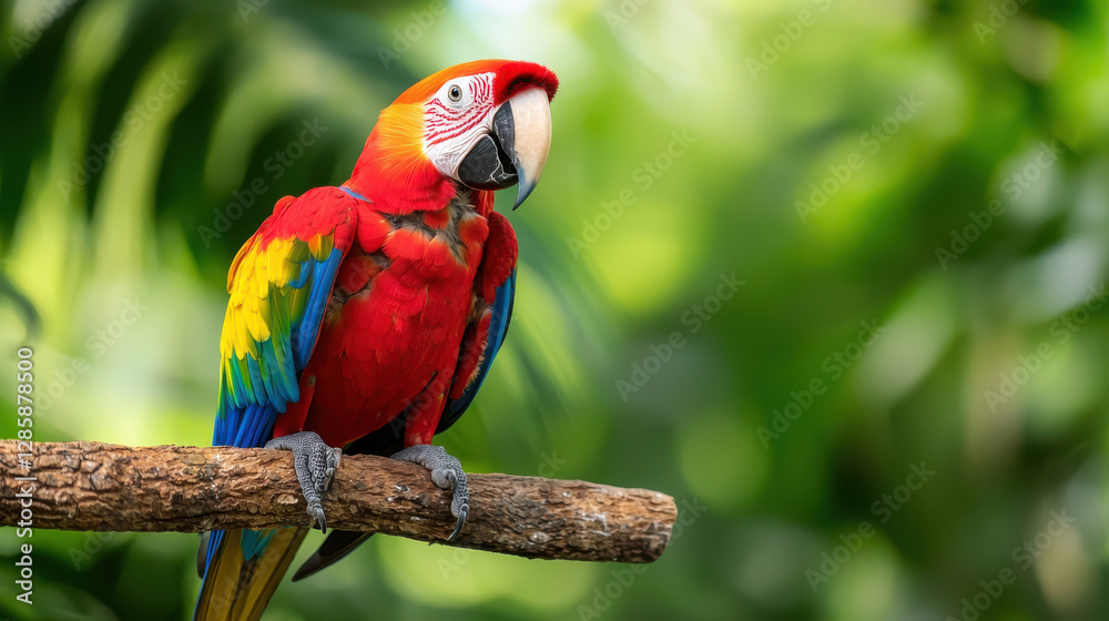 Colorful macaw perched on branch in vibrant tropical background, showcasing its bright feathers and lively expression Colorful macaw perched on branch in vibrant tropical background, showcasing its bright feathers and lively expression