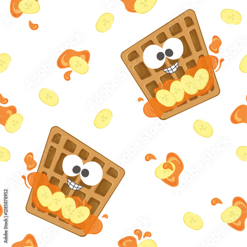 delicious Bengal waffle with caramel syrup and banana pattern for children's breakfasts