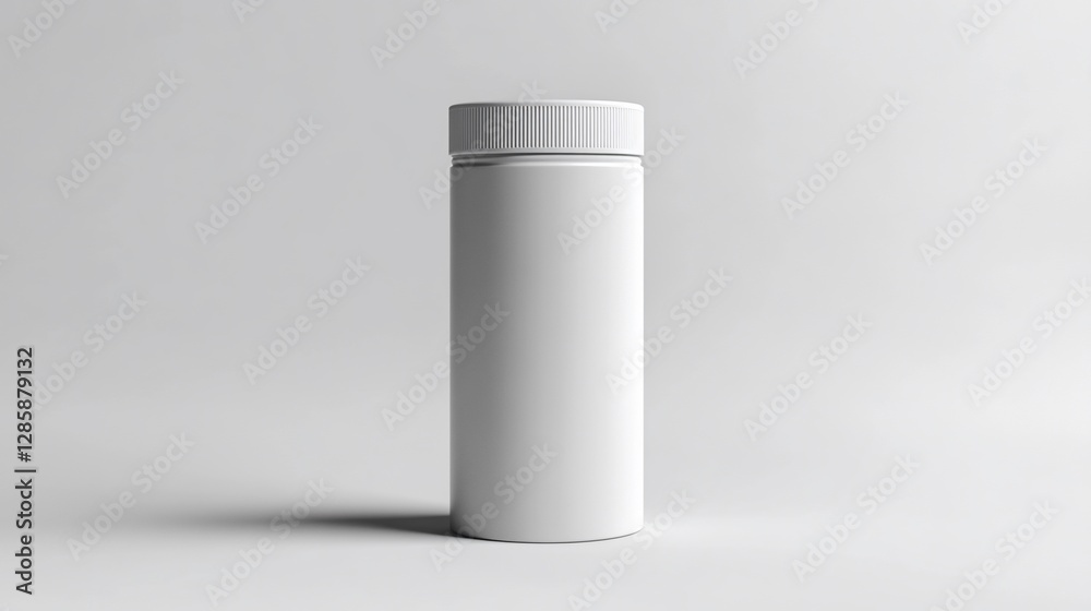 White cylindrical container mockup, studio shot, plain background, product packaging White cylindrical container mockup, studio shot, plain background, product packaging